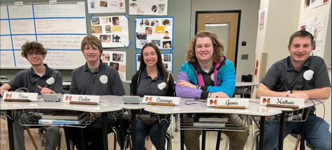 Varsity scholar bowl starters (pictured left to right) Vance Champion, Caden Green, Cameryn Champion, Gavin Estes, and Nathan Abba sit proudly before starting a match.