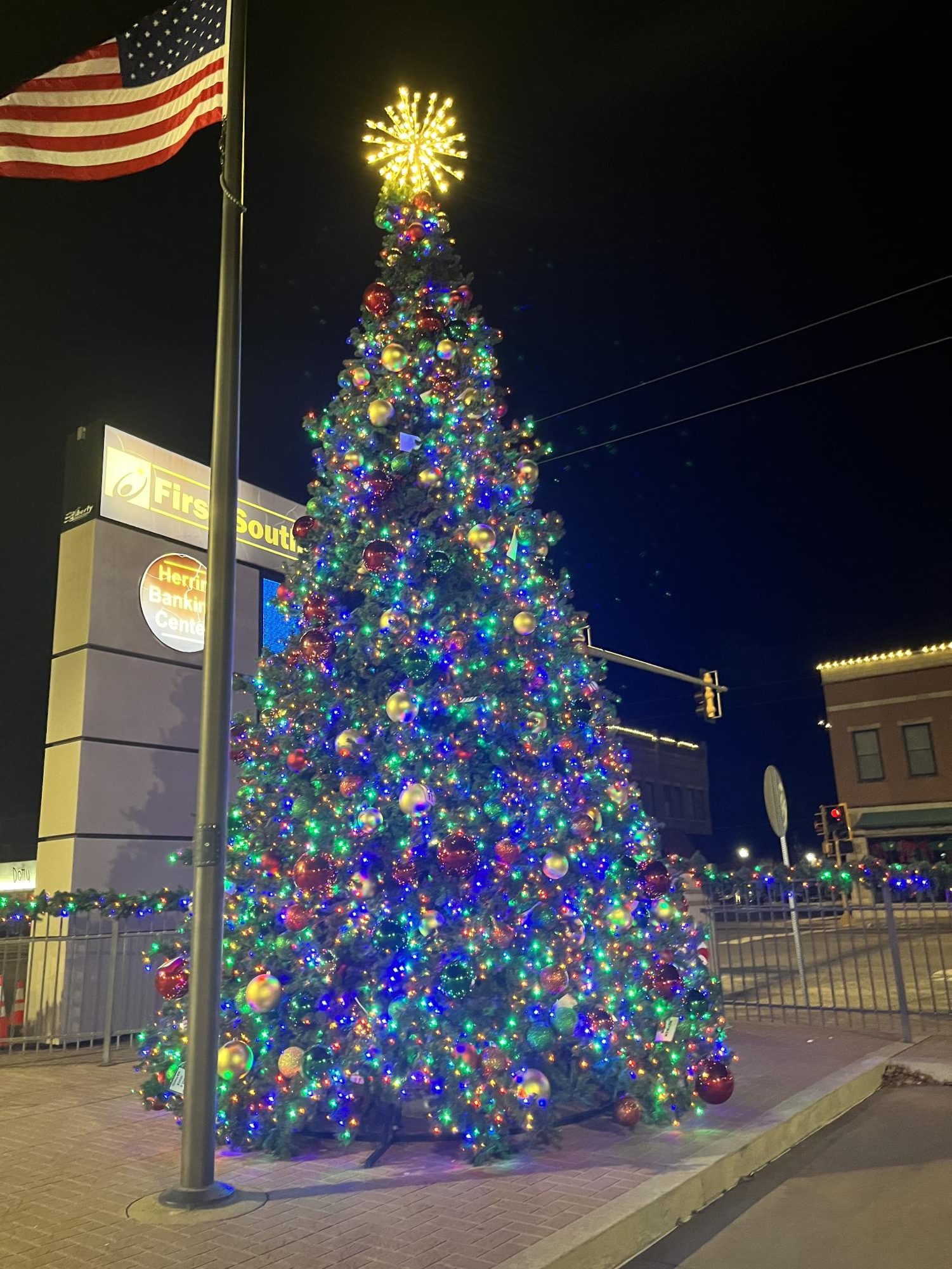 The Christmas tree in downtown Herrin lit in the night.