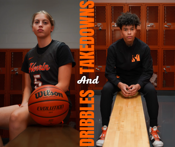 November/December Athletes of the Month, Gracie Craft (11) and Gabe Eldridge (9) take a media moment with Tiger Journalist, Emmarie Bires for a few individual shot .