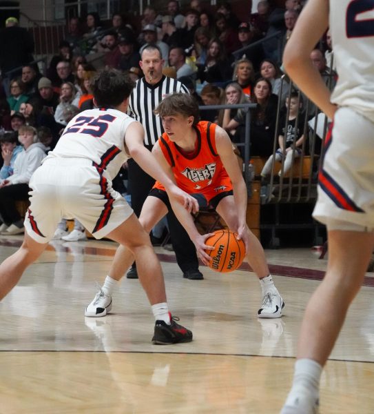 Chance Estes (12) holds the ball, waiting to dribble in the consultation game against rival the Carterville Lions. 
