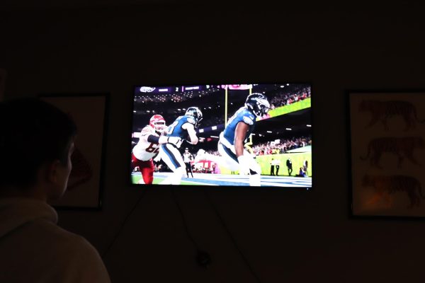 A fan of the Super Bowl watches the suspense of the game unfold