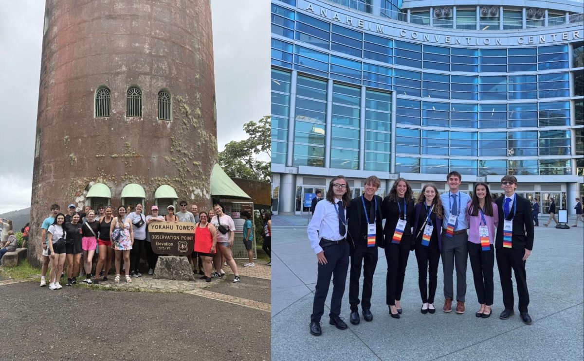Group pictures of both the Spanish Travel Club (left) and the FBLA Nationals qualifiers (right)