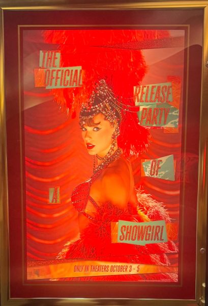 A poster from the theater of Swift's Album release party