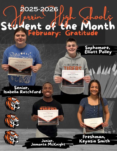 The selected students for February were Isabella Ratchford (12), Jamonta McKnight (11), Elliott Polley (10), and Keyasia Smith (9).